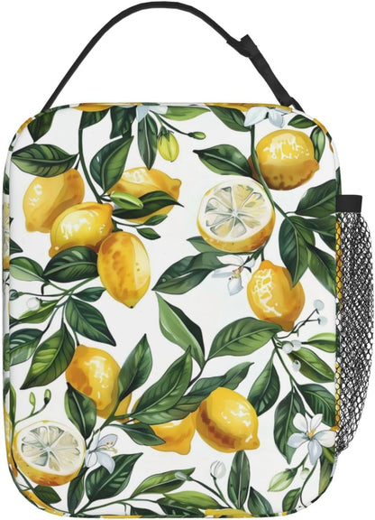 Reusable Yellow Lemon Lunch Box for Kids Girls Boys Women Adult, Insulated Fruit Lunch Bag,Polyester Cooler Green Leaves Handbags Case for School Picnic Work Travel Beach or Hiking
