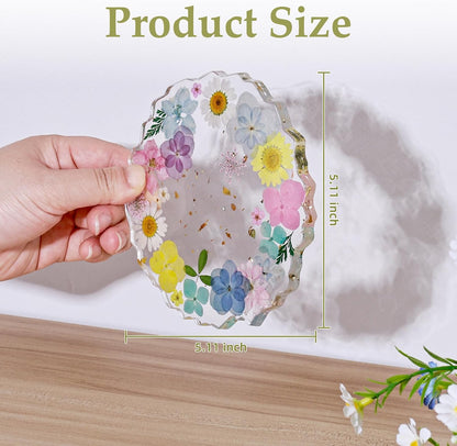 Pressed Dried Flower Resin Coaster, Pink Yellow Floral | Handmade with Gold Foil, Wavy Edge, Coffee & Tea Mugs, Home Office Desk Decor