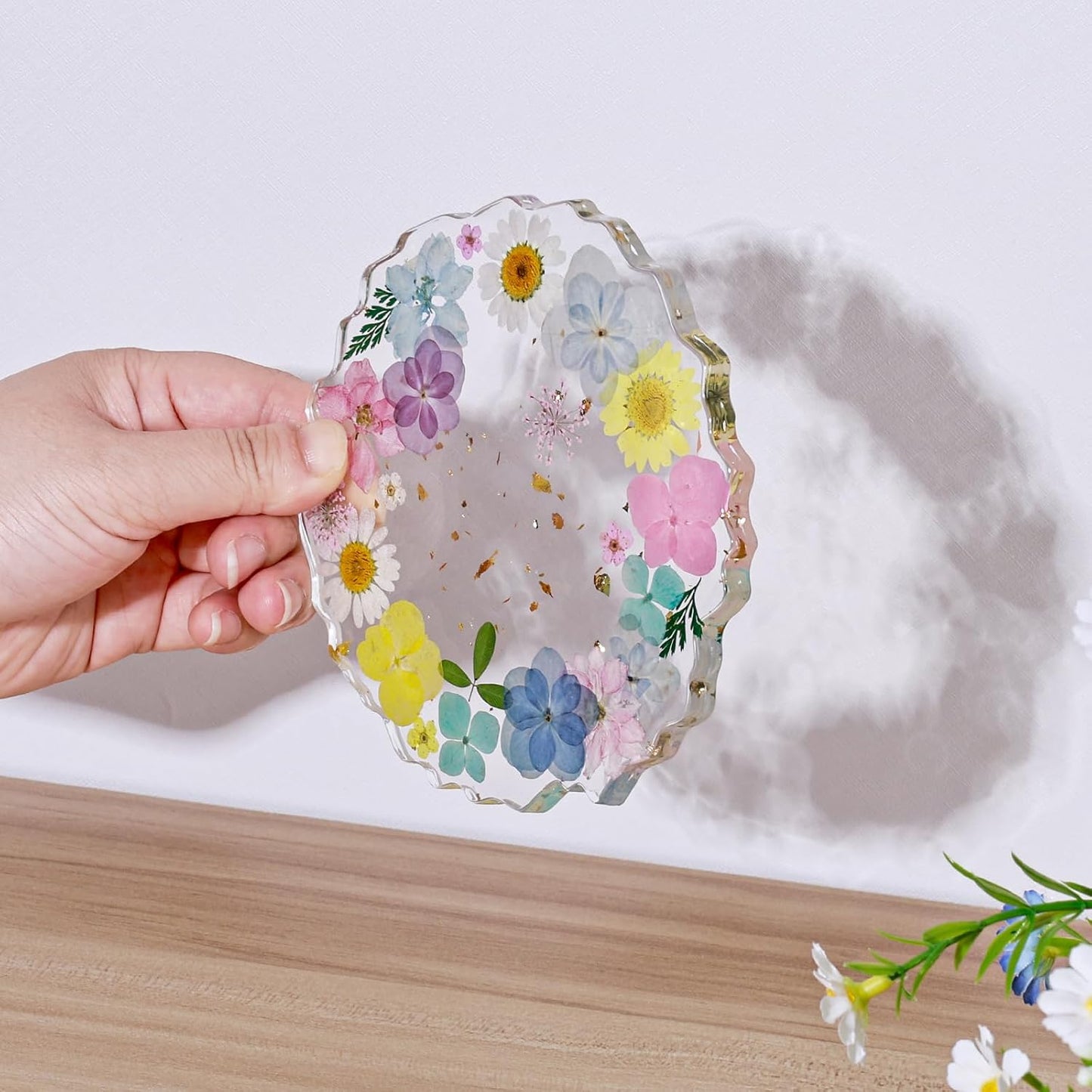Pressed Dried Flower Resin Coaster, Pink Yellow Floral | Handmade with Gold Foil, Wavy Edge, Coffee & Tea Mugs, Home Office Desk Decor
