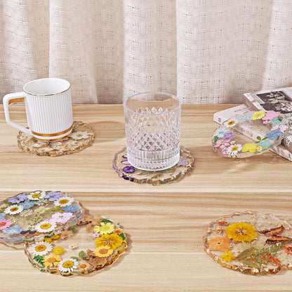 Pressed Dried Flower Resin Coaster, Pink Yellow Floral | Handmade with Gold Foil, Wavy Edge, Coffee & Tea Mugs, Home Office Desk Decor