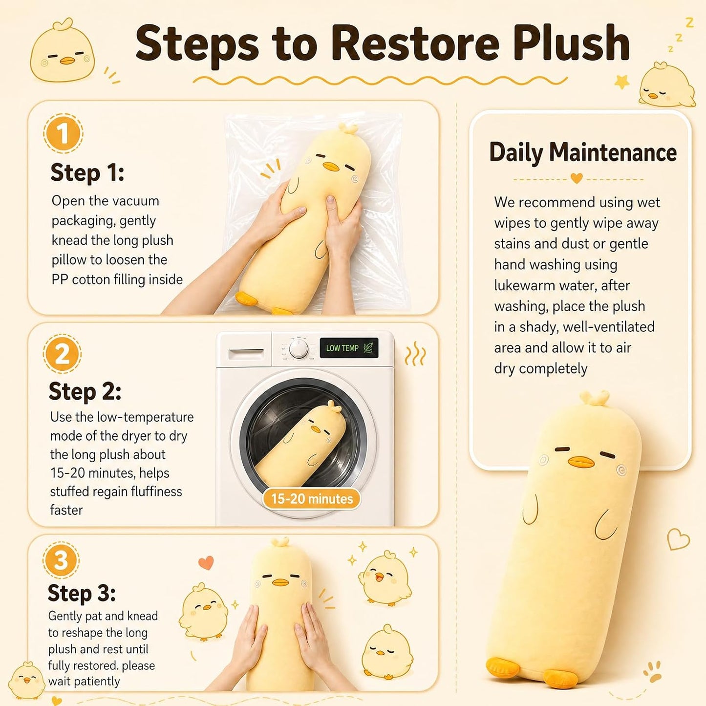 Long Plush Pillow, Yellow Duck 39 Inch, Cute Body Stuffed Animals | 27/33/39 Inch, Soft Cuddle Bedroom Pillow, Kawaii Home Decor Toy Plushies, Comfort Gifts for Kids Adults