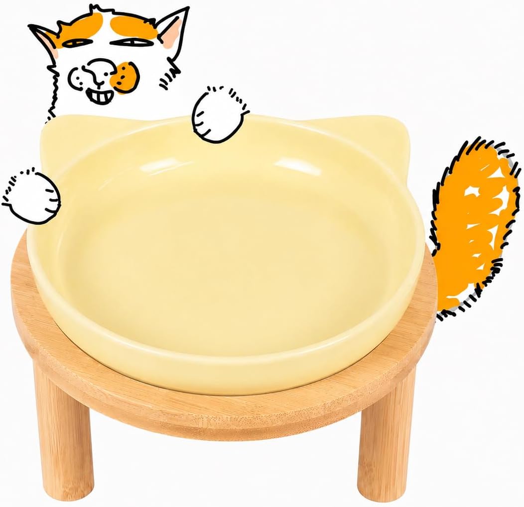 Elevated Ceramic Cat Bowls with Bamboo Stand for Cat Bowl, Whisker Friendly Shallow Cat Plate, Stable Raised Cat Food Riser for Indoor Cats (Yellow, Set of 1)