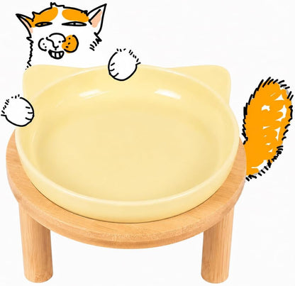 Elevated Ceramic Cat Bowls with Bamboo Stand for Cat Bowl, Whisker Friendly Shallow Cat Plate, Stable Raised Cat Food Riser for Indoor Cats (Yellow, Set of 1)