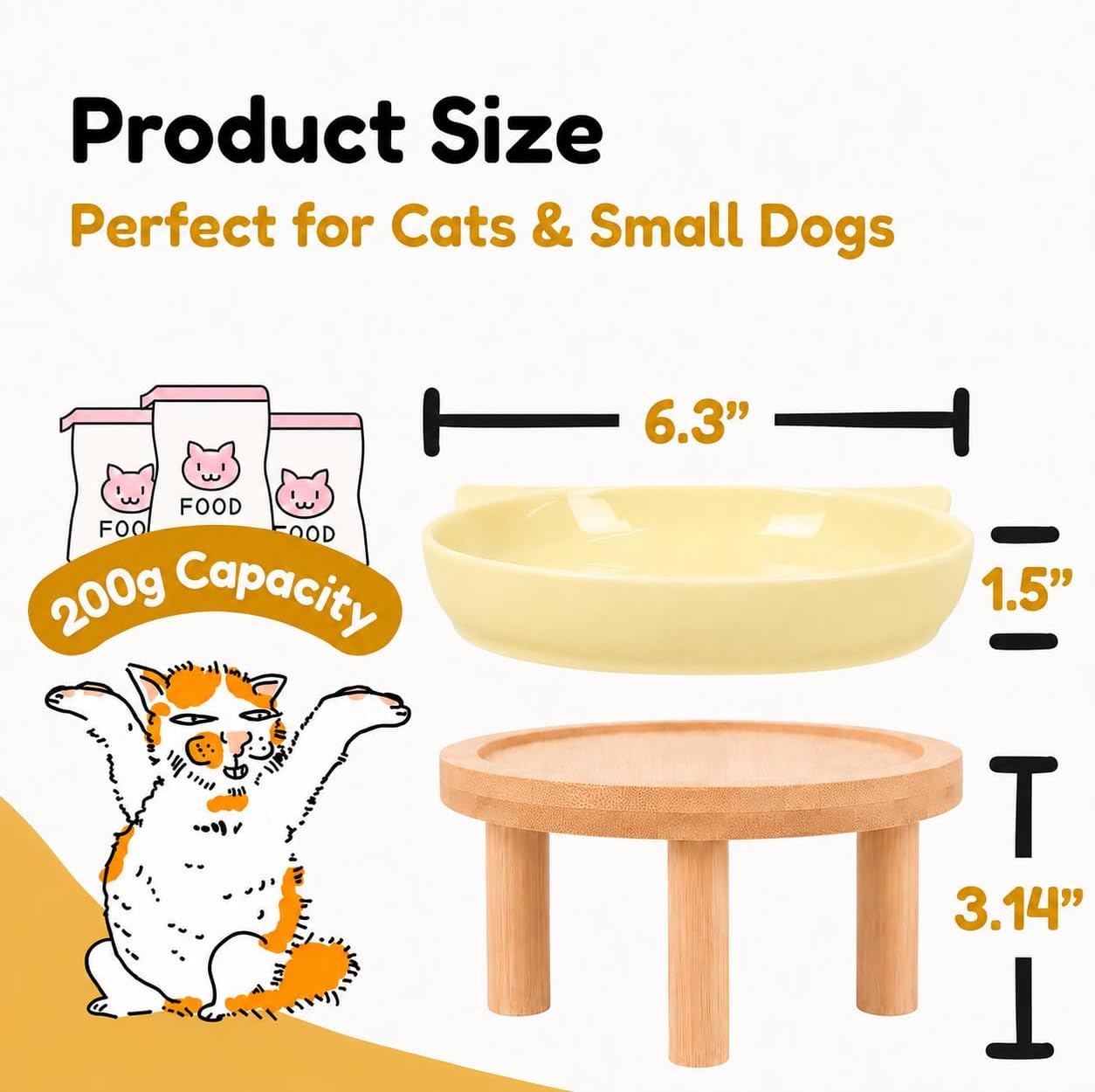 Elevated Ceramic Cat Bowls with Bamboo Stand for Cat Bowl, Whisker Friendly Shallow Cat Plate, Stable Raised Cat Food Riser for Indoor Cats (Yellow, Set of 1)