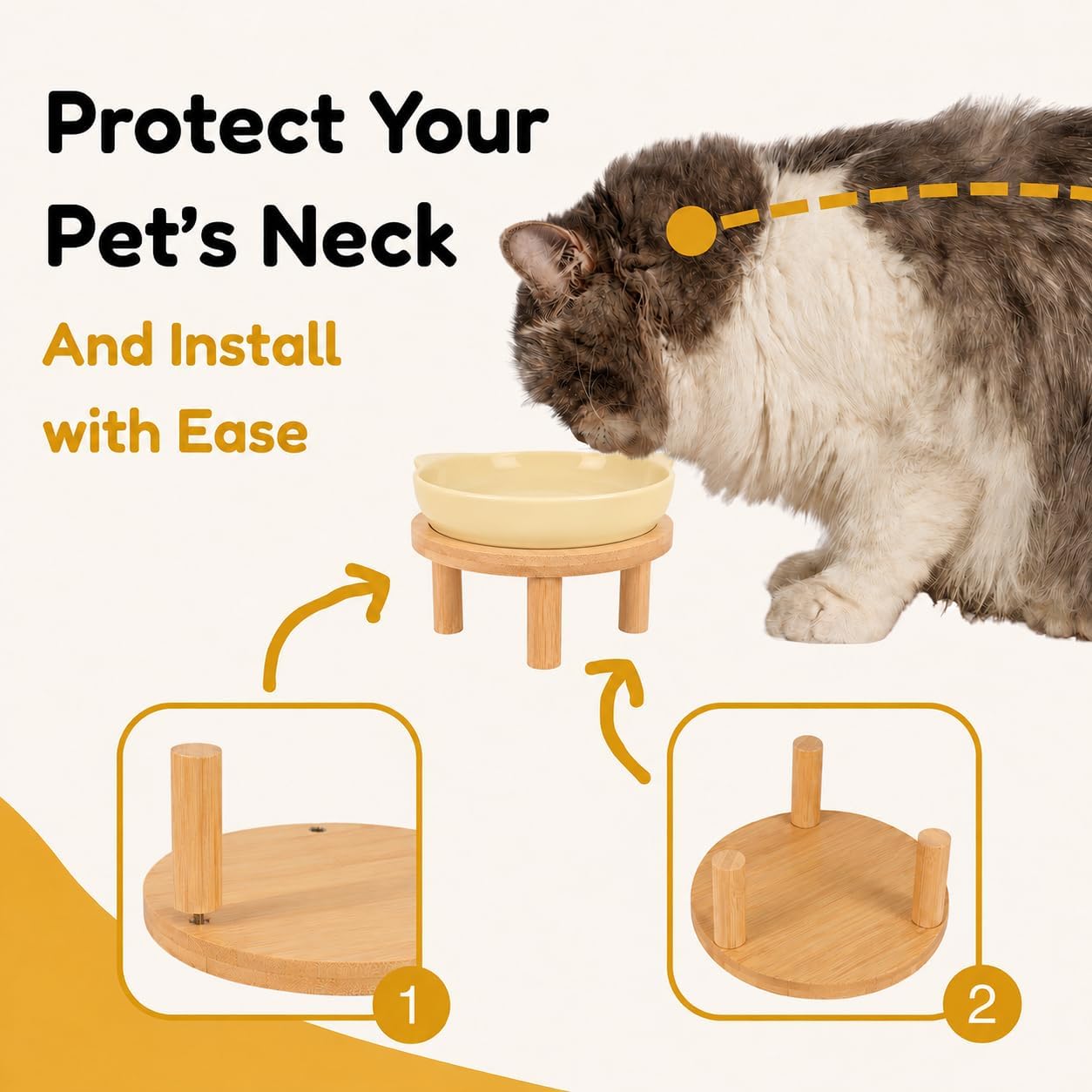 Elevated Ceramic Cat Bowls with Bamboo Stand for Cat Bowl, Whisker Friendly Shallow Cat Plate, Stable Raised Cat Food Riser for Indoor Cats (Yellow, Set of 1)