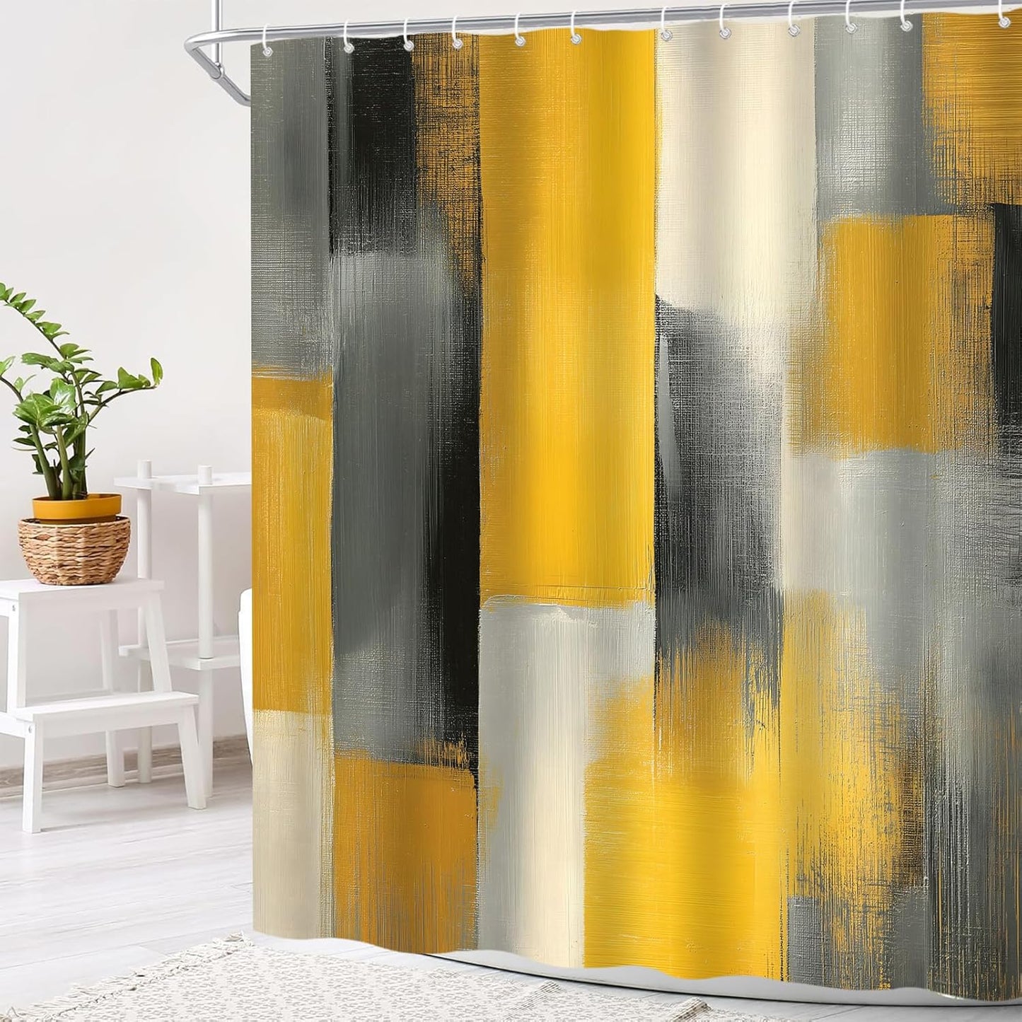 Yellow Black Gray Abstract Art Polyester Shower Curtain, 70Wx70H | Modern Minimalist, Polyester Bath Curtain, Includes Hooks
