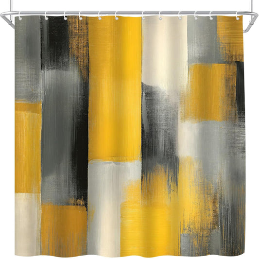 Yellow Black Gray Abstract Art Polyester Shower Curtain, 70Wx70H | Modern Minimalist, Polyester Bath Curtain, Includes Hooks