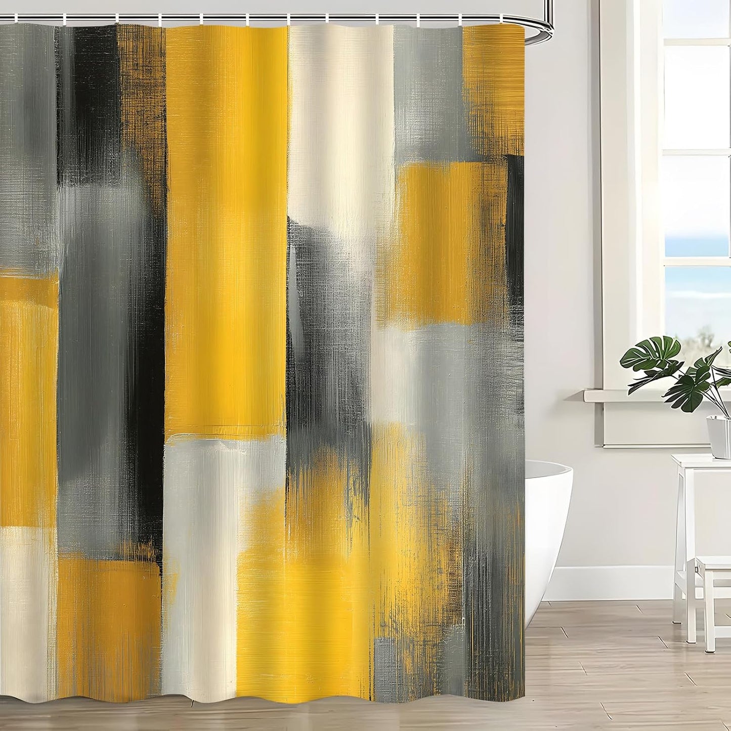 Yellow Black Gray Abstract Art Polyester Shower Curtain, 70Wx70H | Modern Minimalist, Polyester Bath Curtain, Includes Hooks