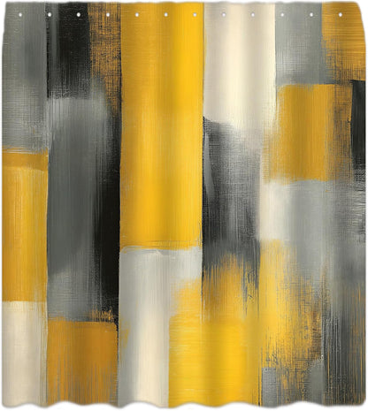 Yellow Black Gray Abstract Art Polyester Shower Curtain, 70Wx70H | Modern Minimalist, Polyester Bath Curtain, Includes Hooks