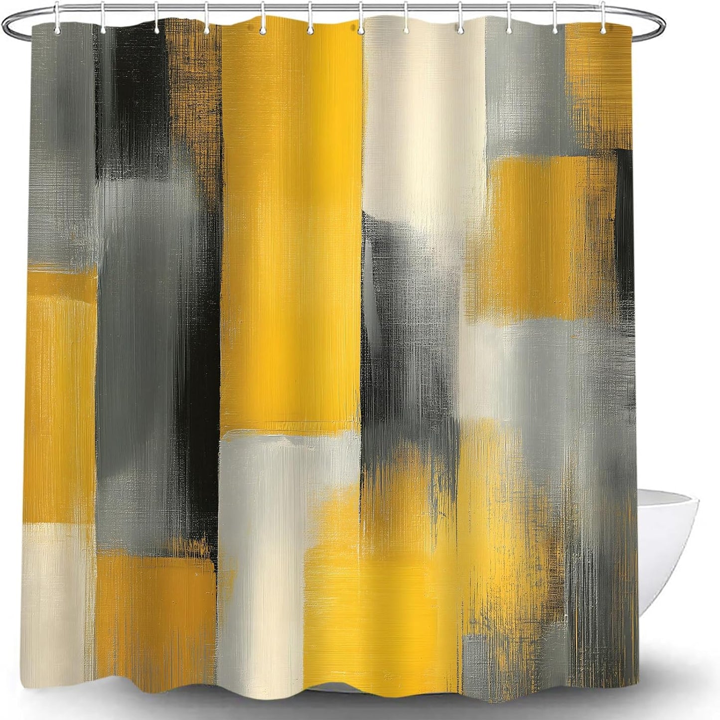 Yellow Black Gray Abstract Art Polyester Shower Curtain, 70Wx70H | Modern Minimalist, Polyester Bath Curtain, Includes Hooks