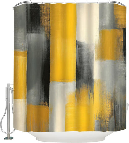 Yellow Black Gray Abstract Art Polyester Shower Curtain, 70Wx70H | Modern Minimalist, Polyester Bath Curtain, Includes Hooks