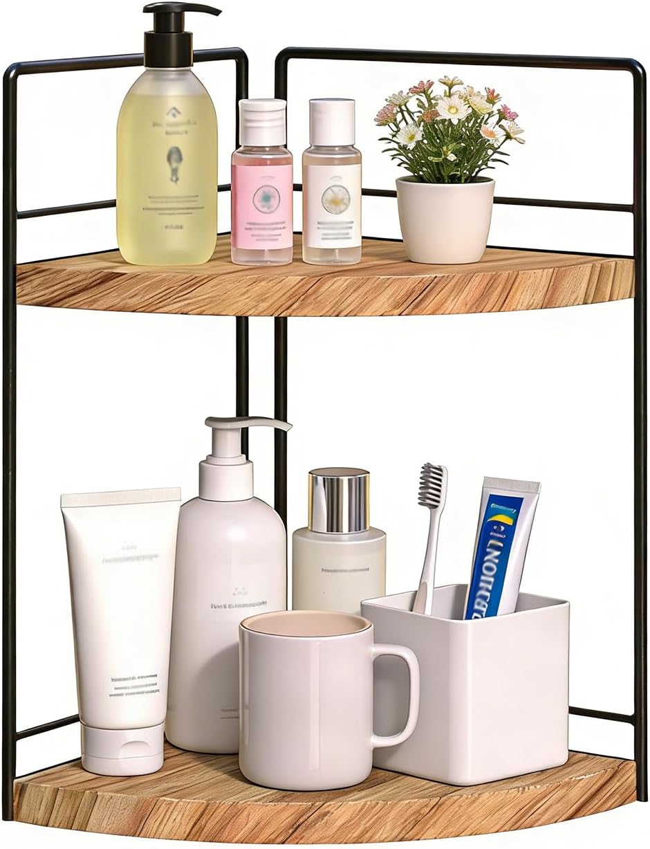 2 Tier Bathroom Counter Organizer,Bathroom Countertop Organizer, Wood Vanity Organizer Corner Shelf,Makeup Tray for Perfume Skincare Bedroom Kitchen Corner (2 Tier,Yellow)