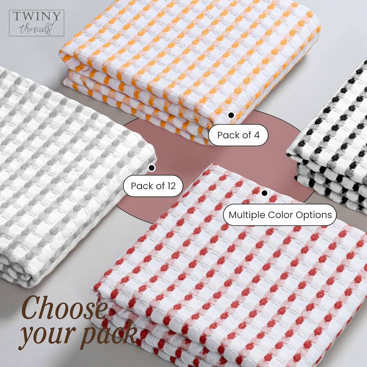 Multi Colors White Waffle Towels 4 Pack, 16x26 Inches Absorbent Waffle Weave Kitchen Dish Cloth Set, Soft, Durable & Machine Washable Tea Towel, Light Grey, Rust, Mustard Yellow, Black