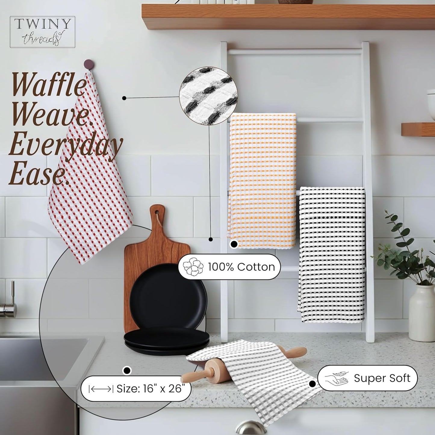 Multi Colors White Waffle Towels 4 Pack, 16x26 Inches Absorbent Waffle Weave Kitchen Dish Cloth Set, Soft, Durable & Machine Washable Tea Towel, Light Grey, Rust, Mustard Yellow, Black