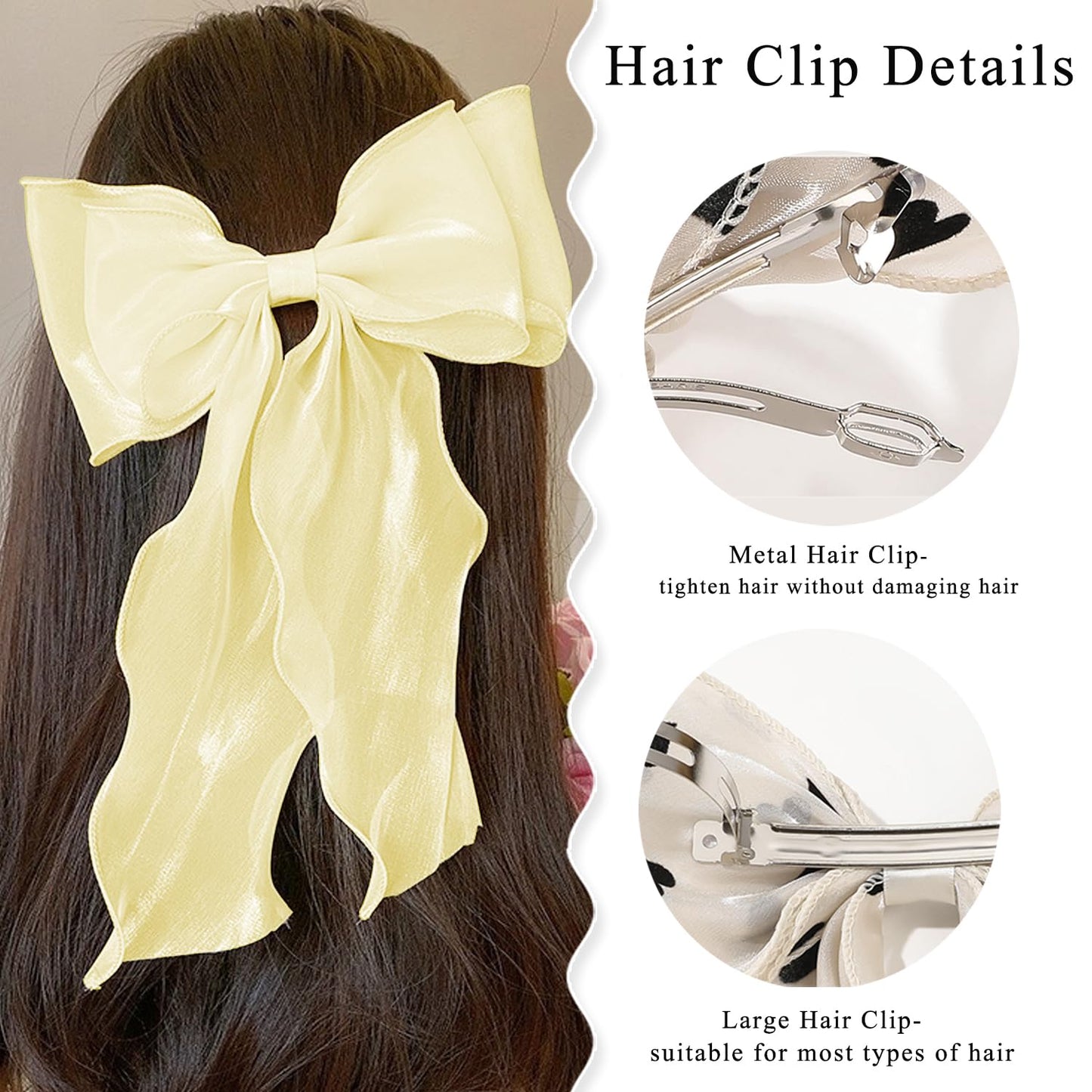 Large Hair Bow Clips for Women, Yellow Bow Hair Barrettes with Long Tail French Hair Ribbon Clips Hair Accessories for Girls (Yellow 2PC)