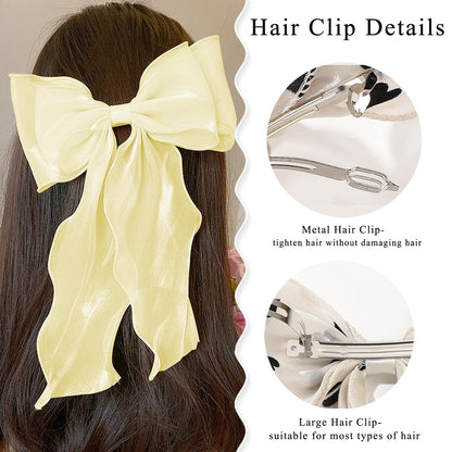 Large Hair Bow Clips for Women, Yellow Bow Hair Barrettes with Long Tail French Hair Ribbon Clips Hair Accessories for Girls (Yellow 2PC)