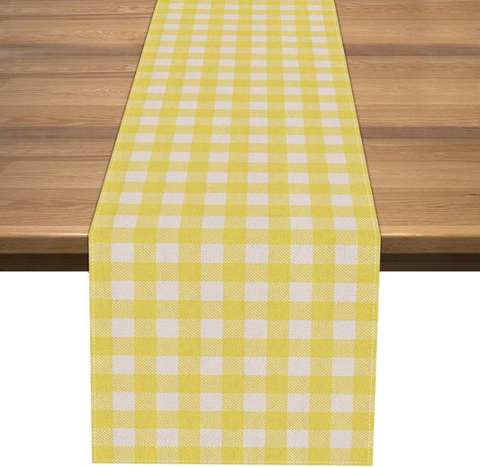 Linen Yellow and White Buffalo Plaid Table Runner Easter Gingham Checkered Birthday Party Decoration Farmhouse Home Kitchen Decor (13" x 72")