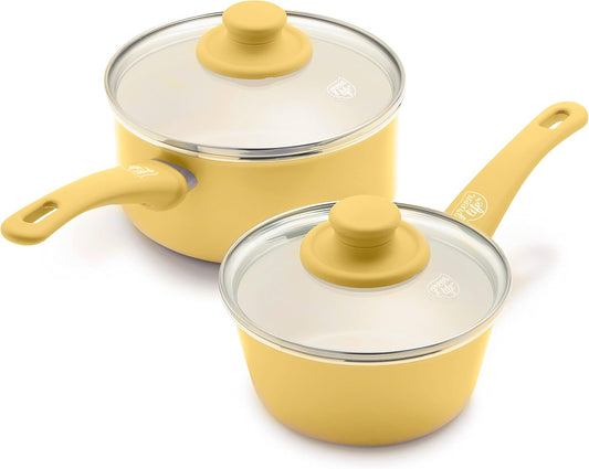 Soft Grip 1QT and 2QT Saucepan Set, Healthy Ceramic Nonstick, Non Toxic PFAS & PFOA-Free, Dishwasher Safe, Glass Lids, Stay-Cool Handles, Easy Clean Cookware, Kitchen Essentials, Yellow
