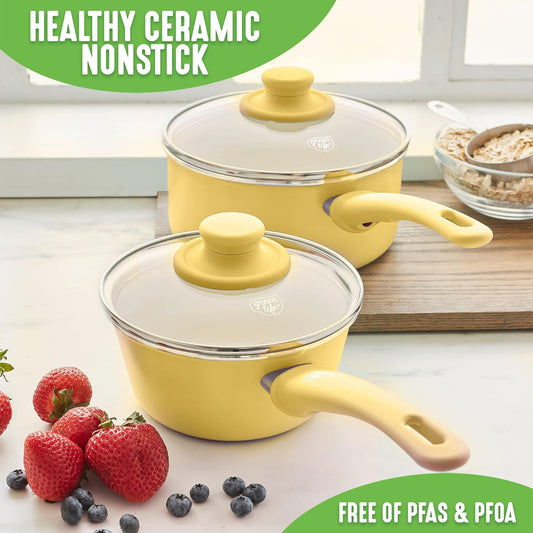 Soft Grip 1QT and 2QT Saucepan Set, Healthy Ceramic Nonstick, Non Toxic PFAS & PFOA-Free, Dishwasher Safe, Glass Lids, Stay-Cool Handles, Easy Clean Cookware, Kitchen Essentials, Yellow