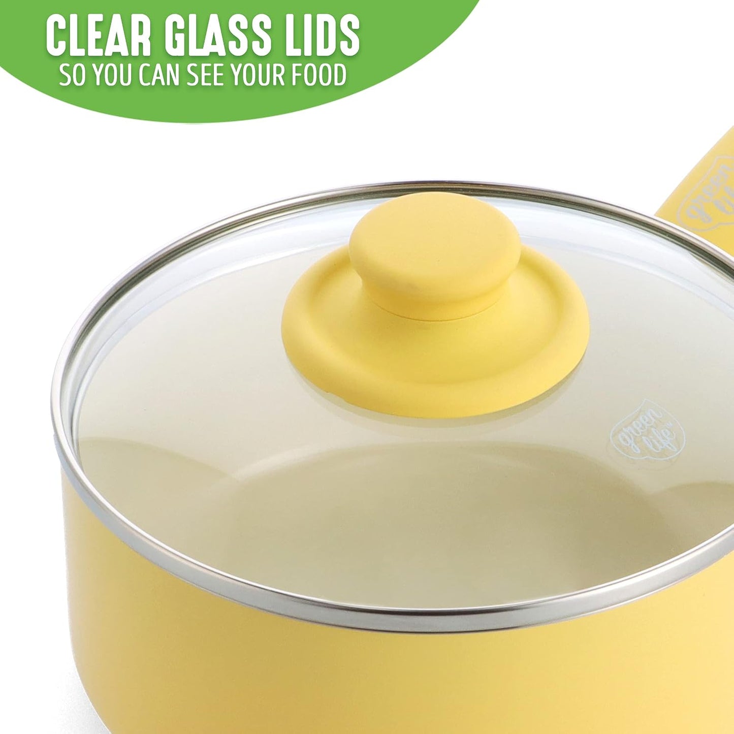 Soft Grip 1QT and 2QT Saucepan Set, Healthy Ceramic Nonstick, Non Toxic PFAS & PFOA-Free, Dishwasher Safe, Glass Lids, Stay-Cool Handles, Easy Clean Cookware, Kitchen Essentials, Yellow