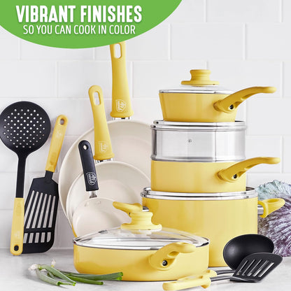 Soft Grip 1QT and 2QT Saucepan Set, Healthy Ceramic Nonstick, Non Toxic PFAS & PFOA-Free, Dishwasher Safe, Glass Lids, Stay-Cool Handles, Easy Clean Cookware, Kitchen Essentials, Yellow