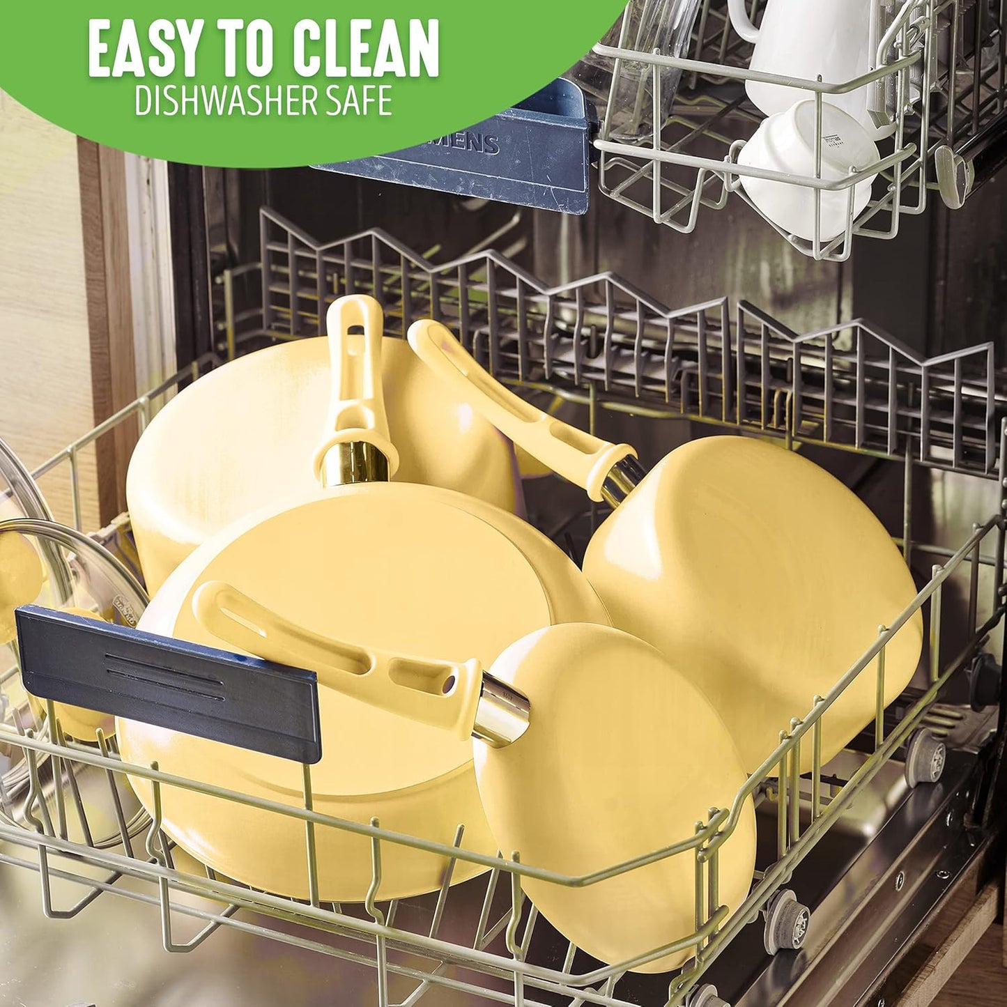 Soft Grip 1QT and 2QT Saucepan Set, Healthy Ceramic Nonstick, Non Toxic PFAS & PFOA-Free, Dishwasher Safe, Glass Lids, Stay-Cool Handles, Easy Clean Cookware, Kitchen Essentials, Yellow