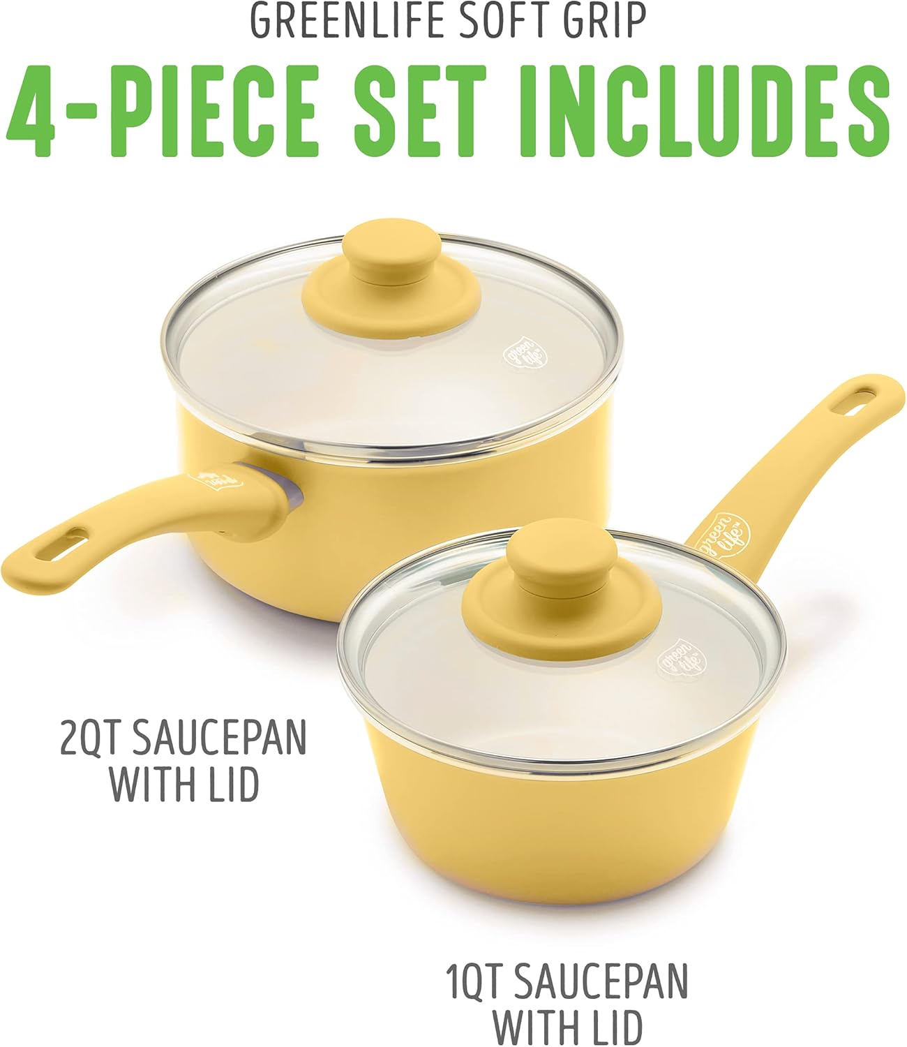 Soft Grip 1QT and 2QT Saucepan Set, Healthy Ceramic Nonstick, Non Toxic PFAS & PFOA-Free, Dishwasher Safe, Glass Lids, Stay-Cool Handles, Easy Clean Cookware, Kitchen Essentials, Yellow