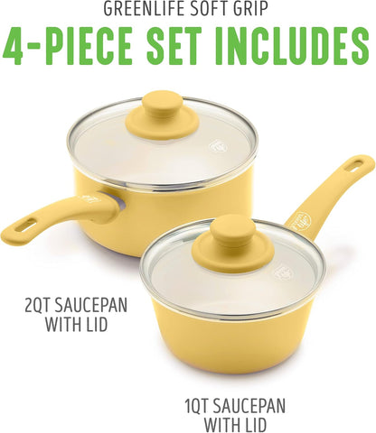 Soft Grip 1QT and 2QT Saucepan Set, Healthy Ceramic Nonstick, Non Toxic PFAS & PFOA-Free, Dishwasher Safe, Glass Lids, Stay-Cool Handles, Easy Clean Cookware, Kitchen Essentials, Yellow
