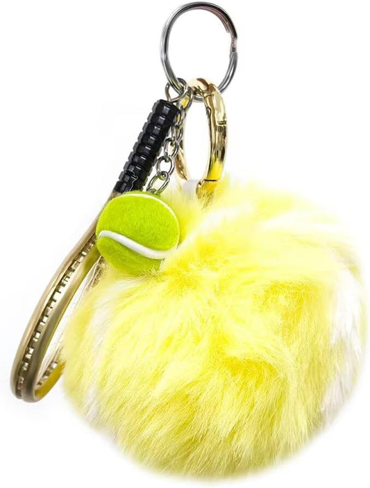 Tennis Ball Keychain for Women Men, Fuzzy Colorful Pom Pom Racket Key Ring, Plush Sports Accessory Gift for Bags