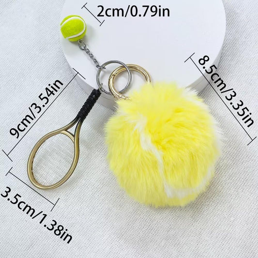 Tennis Ball Keychain for Women Men, Fuzzy Colorful Pom Pom Racket Key Ring, Plush Sports Accessory Gift for Bags