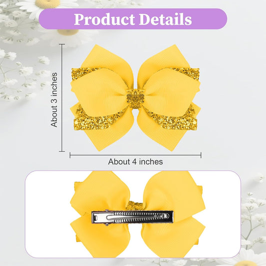 2 Pcs Yellow Hair Bow, 4 Inch Yellow Hair Accessories Sparkly Glitter with Alligator Clips for Teens Cheerleader Girls Easter Holiday Accessories Dress Decor Gifts