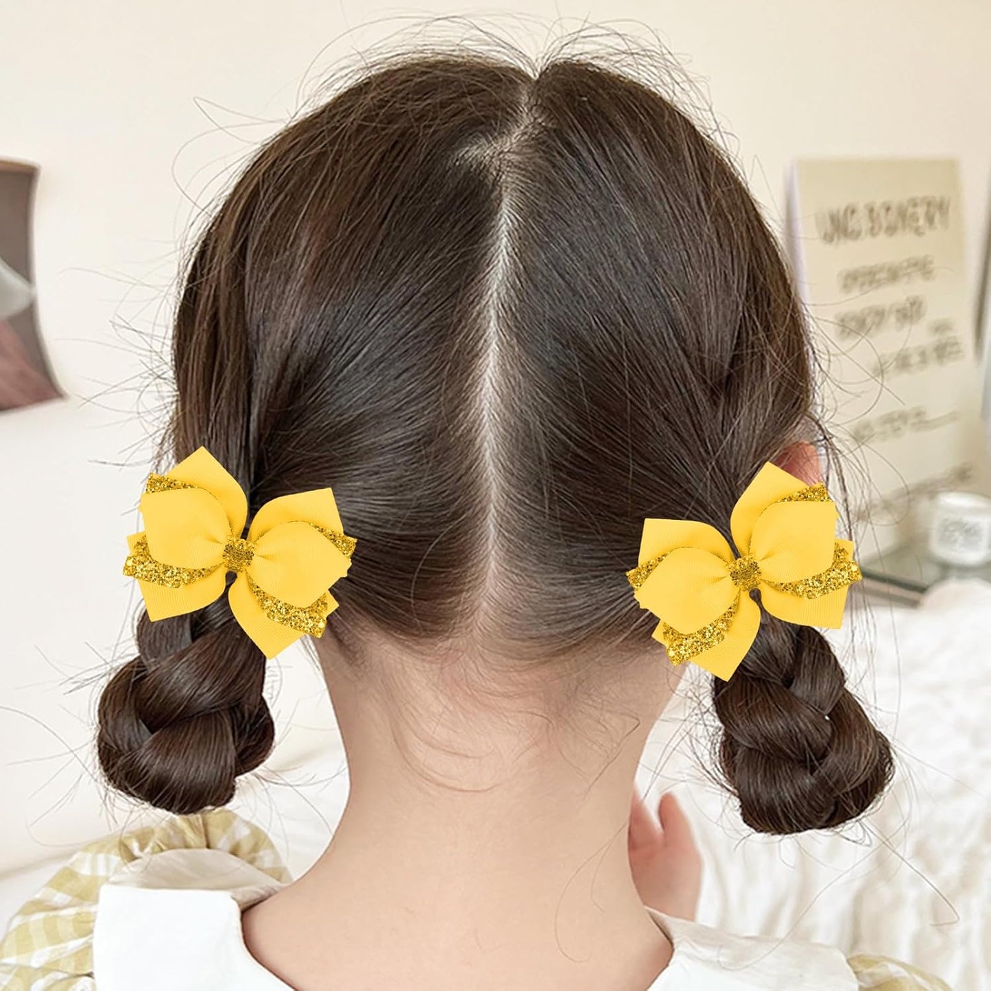 2 Pcs Yellow Hair Bow, 4 Inch Yellow Hair Accessories Sparkly Glitter with Alligator Clips for Teens Cheerleader Girls Easter Holiday Accessories Dress Decor Gifts