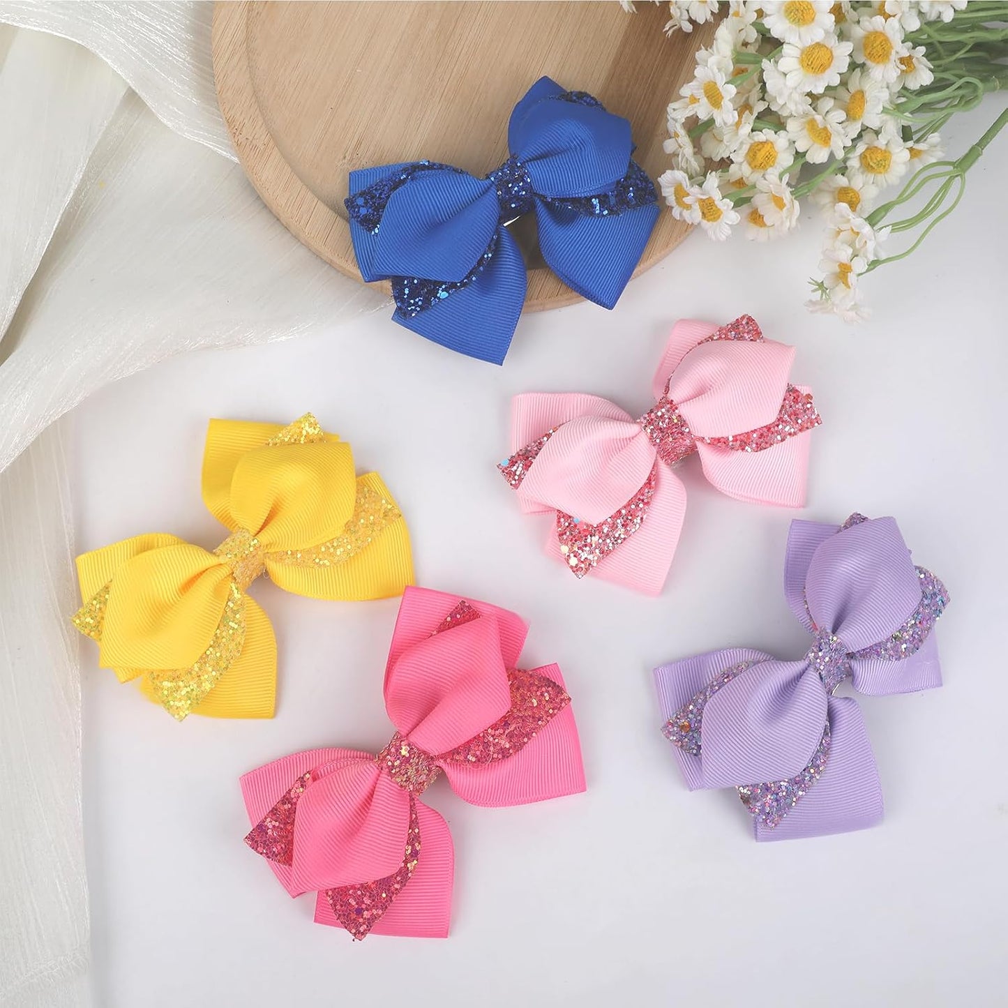 2 Pcs Yellow Hair Bow, 4 Inch Yellow Hair Accessories Sparkly Glitter with Alligator Clips for Teens Cheerleader Girls Easter Holiday Accessories Dress Decor Gifts