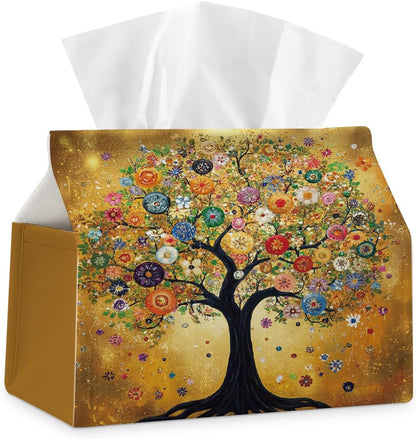 Retro Yellow Tree Fabric Tissue Box Cover for Home Office Bathroom Decor | Cute Tissue Holder for Tabletop Kitchen Bedroom Living Room Dorm Car,Home Office Decor Gifts,Fabric Washable,7''×3.5''×6''