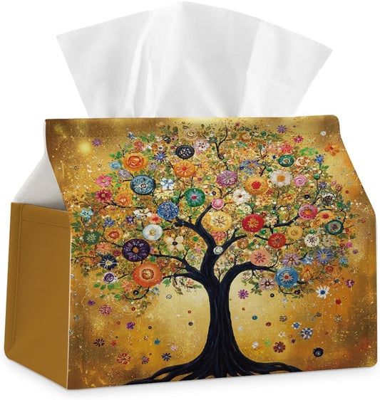 Retro Yellow Tree Fabric Tissue Box Cover for Home Office Bathroom Decor | Cute Tissue Holder for Tabletop Kitchen Bedroom Living Room Dorm Car,Home Office Decor Gifts,Fabric Washable,7''×3.5''×6''