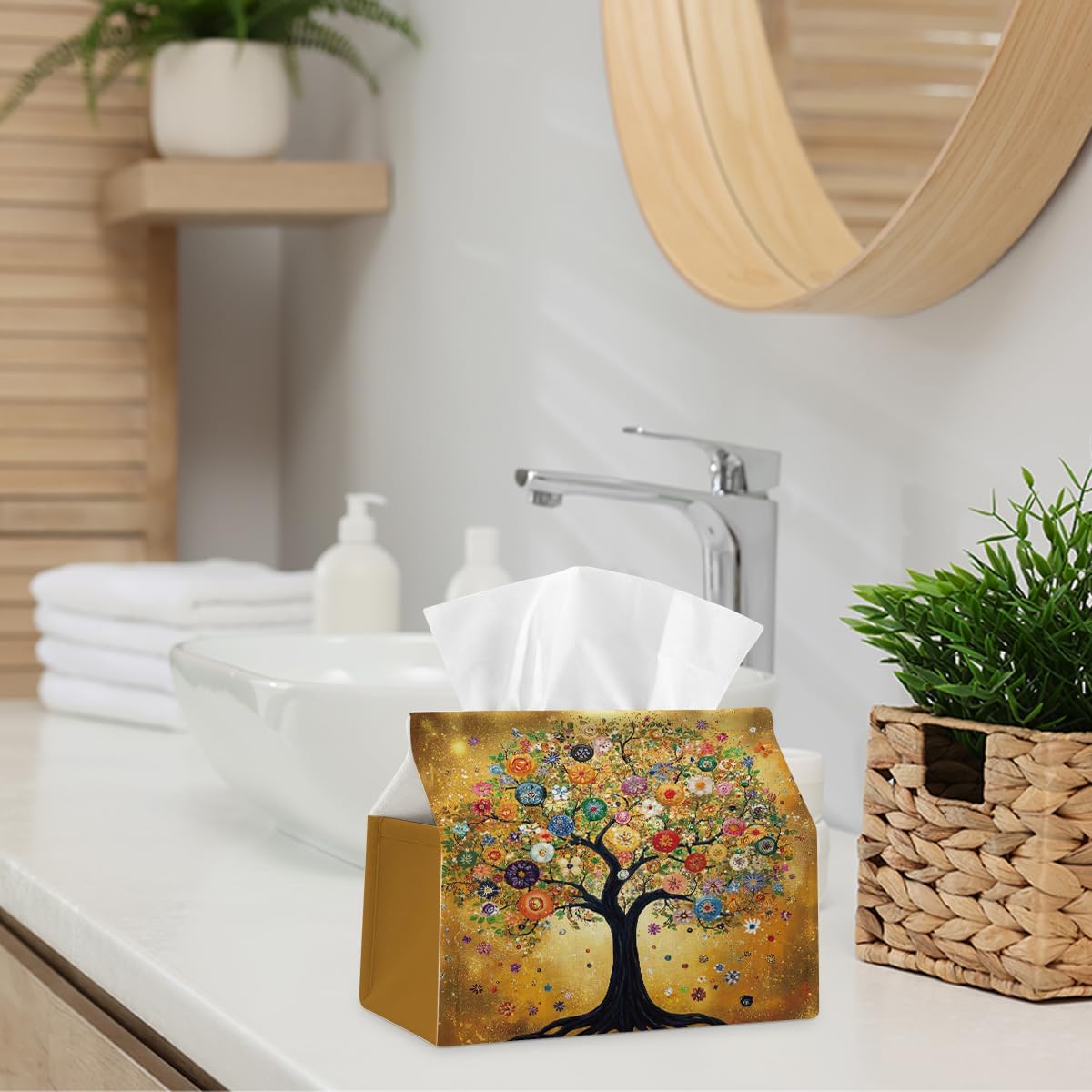Retro Yellow Tree Fabric Tissue Box Cover for Home Office Bathroom Decor | Cute Tissue Holder for Tabletop Kitchen Bedroom Living Room Dorm Car,Home Office Decor Gifts,Fabric Washable,7''×3.5''×6''