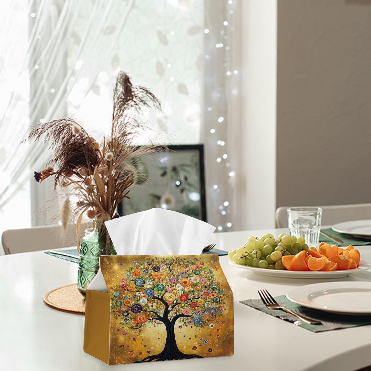 Retro Yellow Tree Fabric Tissue Box Cover for Home Office Bathroom Decor | Cute Tissue Holder for Tabletop Kitchen Bedroom Living Room Dorm Car,Home Office Decor Gifts,Fabric Washable,7''×3.5''×6''
