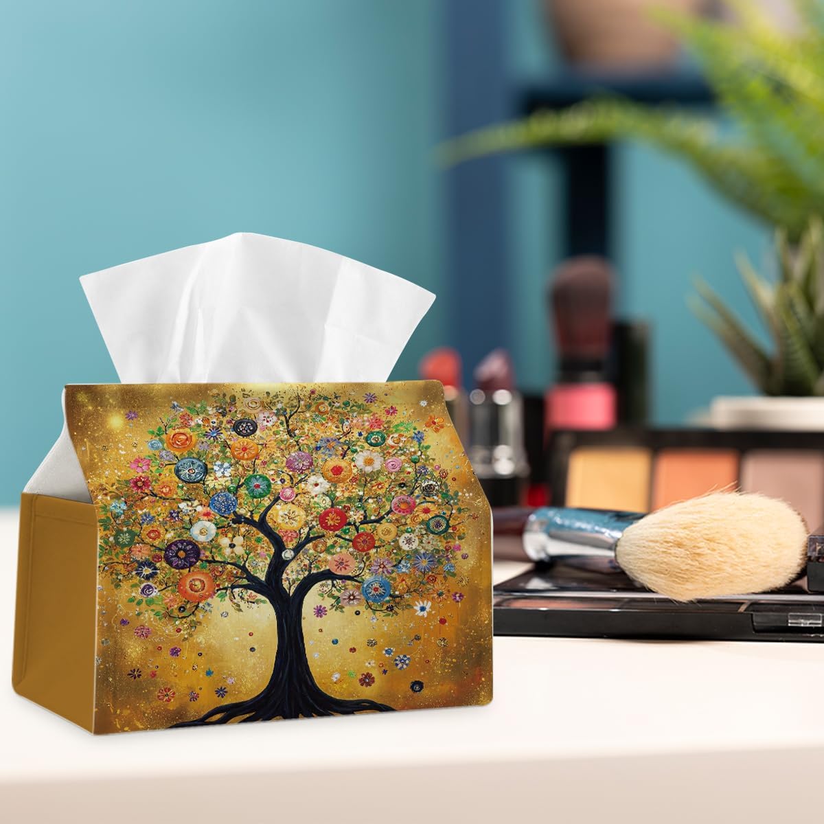Retro Yellow Tree Fabric Tissue Box Cover for Home Office Bathroom Decor | Cute Tissue Holder for Tabletop Kitchen Bedroom Living Room Dorm Car,Home Office Decor Gifts,Fabric Washable,7''×3.5''×6''