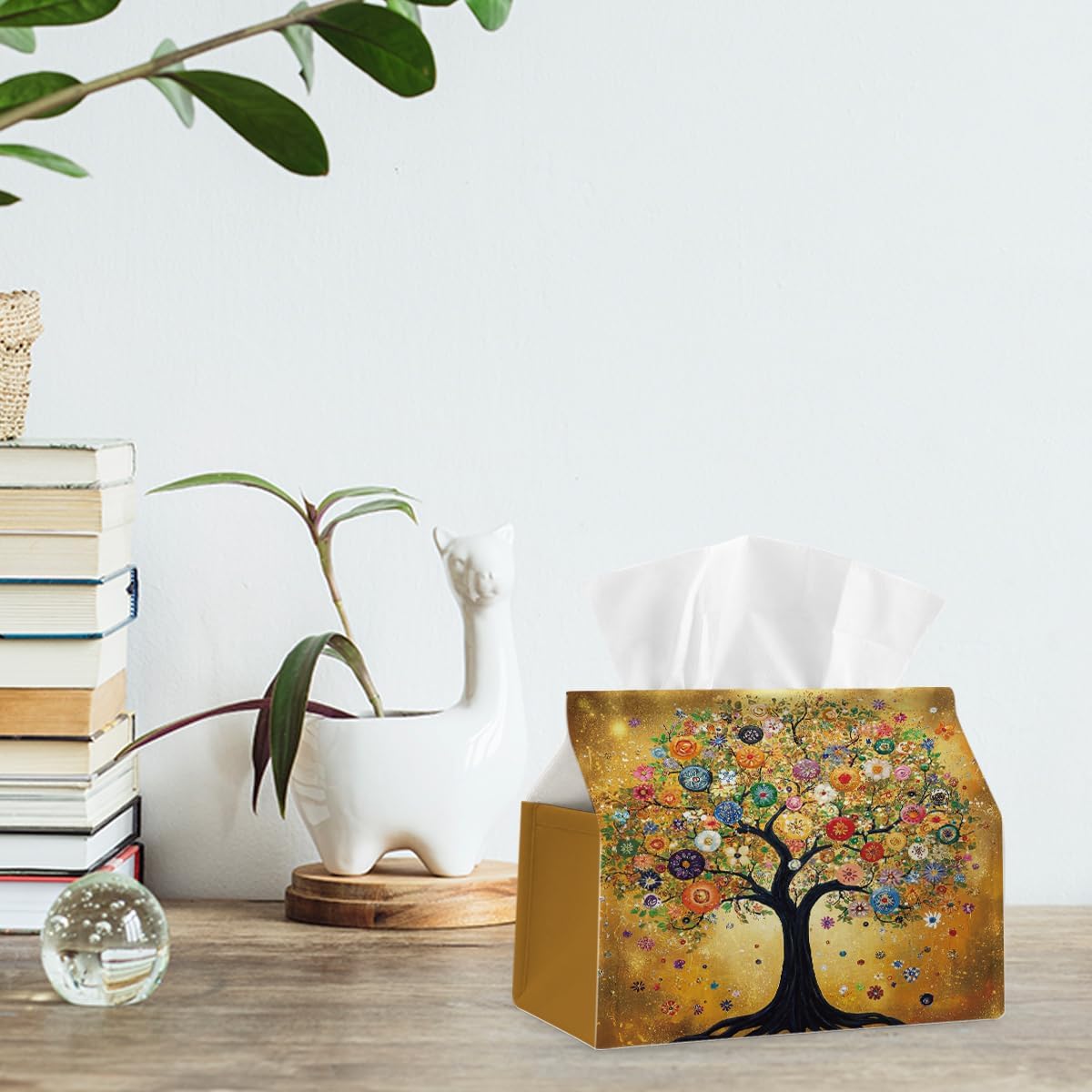 Retro Yellow Tree Fabric Tissue Box Cover for Home Office Bathroom Decor | Cute Tissue Holder for Tabletop Kitchen Bedroom Living Room Dorm Car,Home Office Decor Gifts,Fabric Washable,7''×3.5''×6''