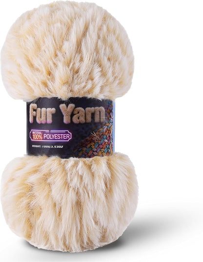 Faux Fur Yarn Soft Fluffy for Crocheting - 1 Skeins(Each 3.5oz/100g, 71yd/65m) - Chunky & Fluffy Yarn for Crochet Amigurumi, Blankets, Hand Knitting, Scarves &Crafts (1, White + Yellow)