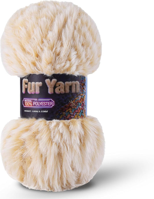 Faux Fur Yarn Soft Fluffy for Crocheting - 1 Skeins(Each 3.5oz/100g, 71yd/65m) - Chunky & Fluffy Yarn for Crochet Amigurumi, Blankets, Hand Knitting, Scarves &Crafts (1, White + Yellow)