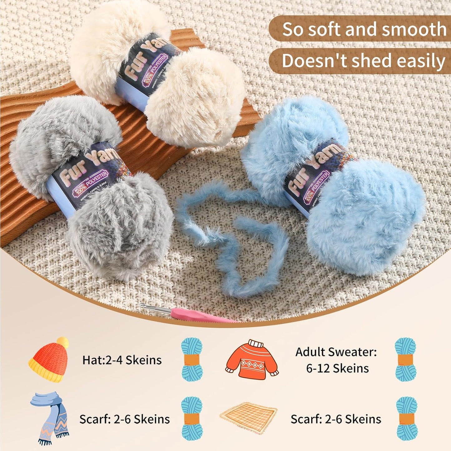 Faux Fur Yarn Soft Fluffy for Crocheting - 1 Skeins(Each 3.5oz/100g, 71yd/65m) - Chunky & Fluffy Yarn for Crochet Amigurumi, Blankets, Hand Knitting, Scarves &Crafts (1, White + Yellow)