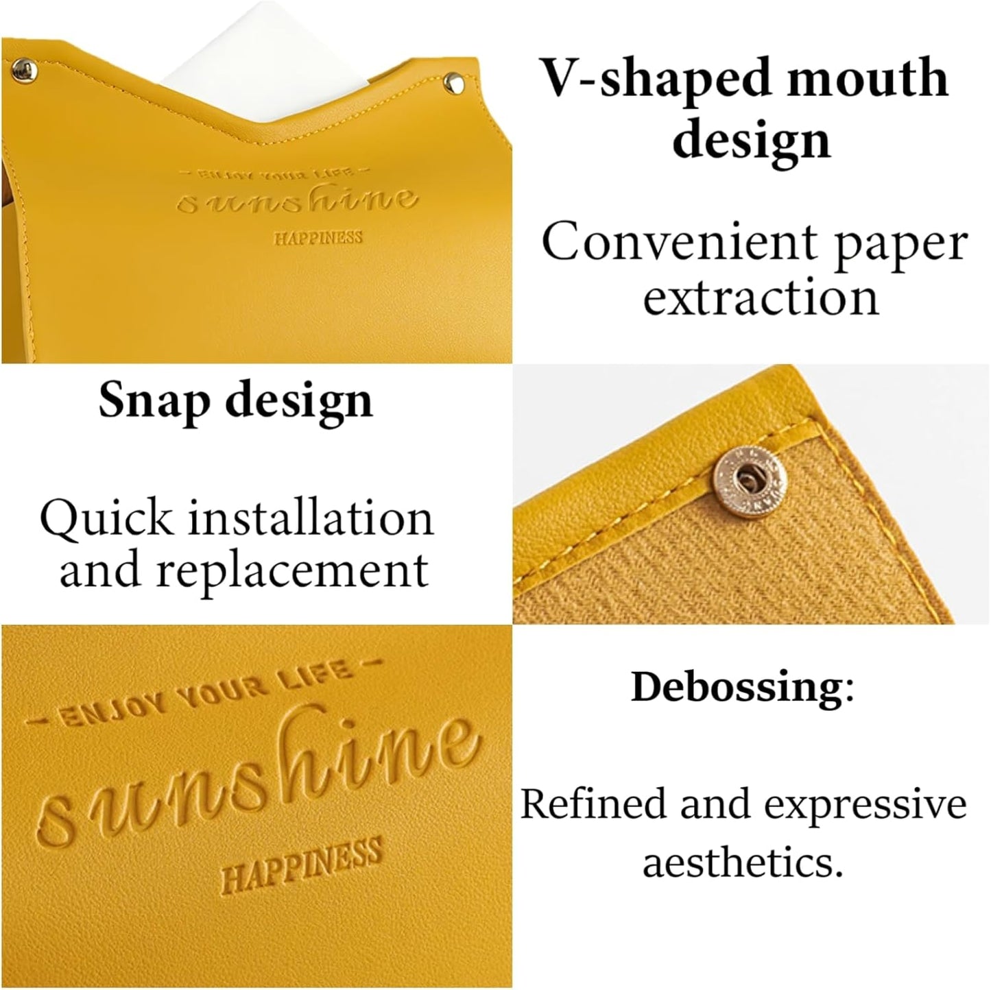 Tissue Box Cover Rectangle, Premium PU Leather Minimalist Tissue Holder with Snap Closure, Modern Decorative Tissue Dispenser for Bathroom Vanity, Bedroom Nightstand, Living Room & Office (Yellow)