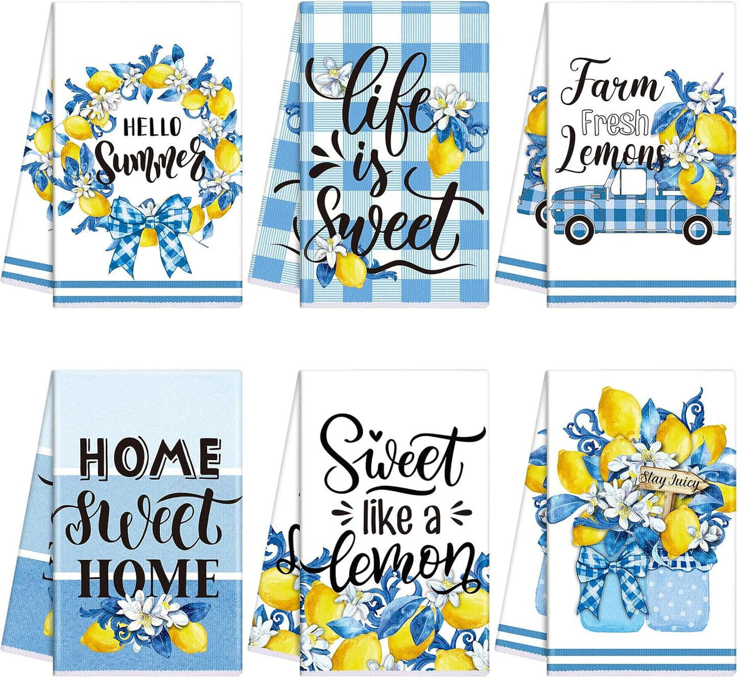 6 Pcs Summer Lemon Kitchen Towels 24 x 16 Inch Blue Buffalo Plaid Lemon Dish Towels Absorbent Decorative Hand Towel Mediterranean Tea Dishcloth for Kitchen Bathroom Amalfi Coast Party Decor