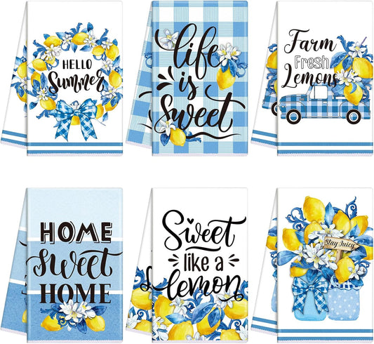 6 Pcs Summer Lemon Kitchen Towels 24 x 16 Inch Blue Buffalo Plaid Lemon Dish Towels Absorbent Decorative Hand Towel Mediterranean Tea Dishcloth for Kitchen Bathroom Amalfi Coast Party Decor