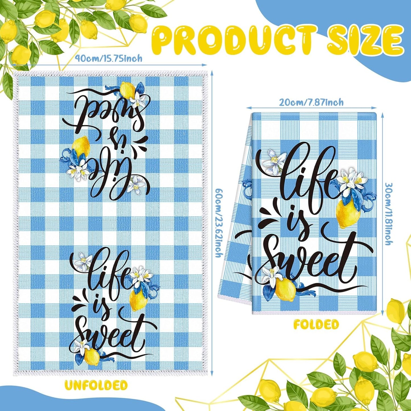 6 Pcs Summer Lemon Kitchen Towels 24 x 16 Inch Blue Buffalo Plaid Lemon Dish Towels Absorbent Decorative Hand Towel Mediterranean Tea Dishcloth for Kitchen Bathroom Amalfi Coast Party Decor