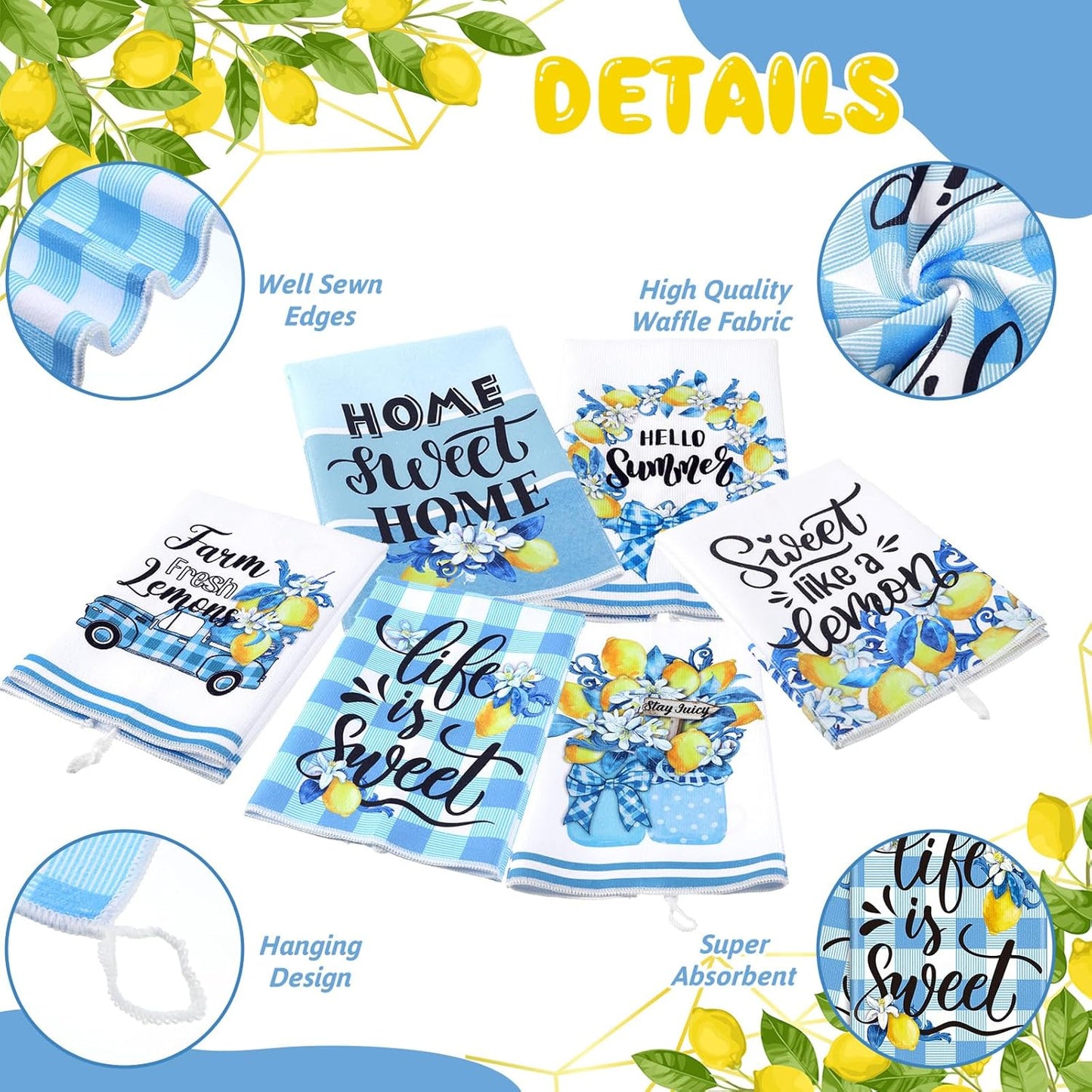 6 Pcs Summer Lemon Kitchen Towels 24 x 16 Inch Blue Buffalo Plaid Lemon Dish Towels Absorbent Decorative Hand Towel Mediterranean Tea Dishcloth for Kitchen Bathroom Amalfi Coast Party Decor