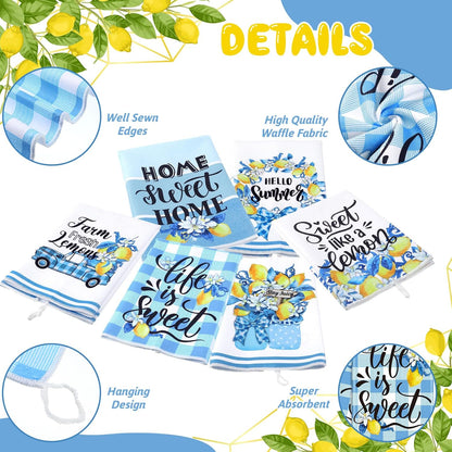 6 Pcs Summer Lemon Kitchen Towels 24 x 16 Inch Blue Buffalo Plaid Lemon Dish Towels Absorbent Decorative Hand Towel Mediterranean Tea Dishcloth for Kitchen Bathroom Amalfi Coast Party Decor