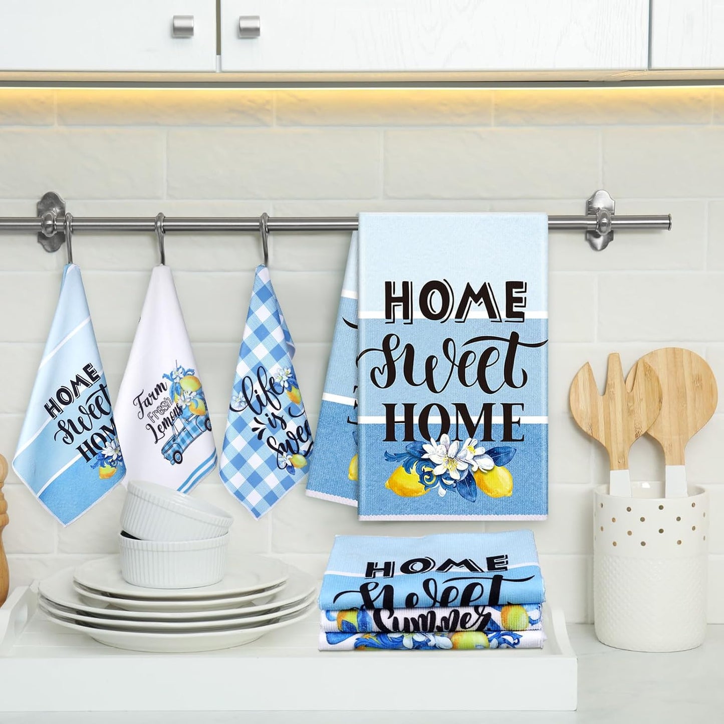6 Pcs Summer Lemon Kitchen Towels 24 x 16 Inch Blue Buffalo Plaid Lemon Dish Towels Absorbent Decorative Hand Towel Mediterranean Tea Dishcloth for Kitchen Bathroom Amalfi Coast Party Decor