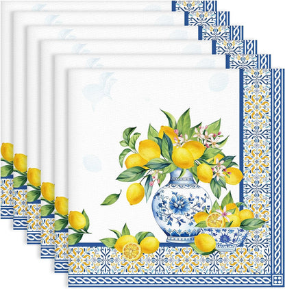 Lemon Napkins, 18×18 Inch Yellow Blue Dinner Cloth Napkins Set of 6, Washable Cotton Soft Absorbent Square Napkins for Dining Kitchen Party Wedding Decoration